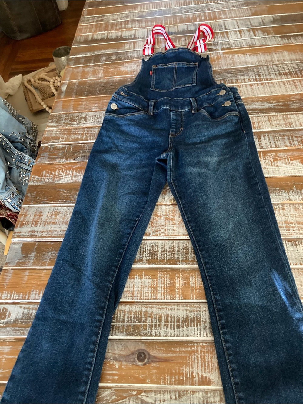 Levi's Dark Blue Denim Overalls with Red & White Striped Straps